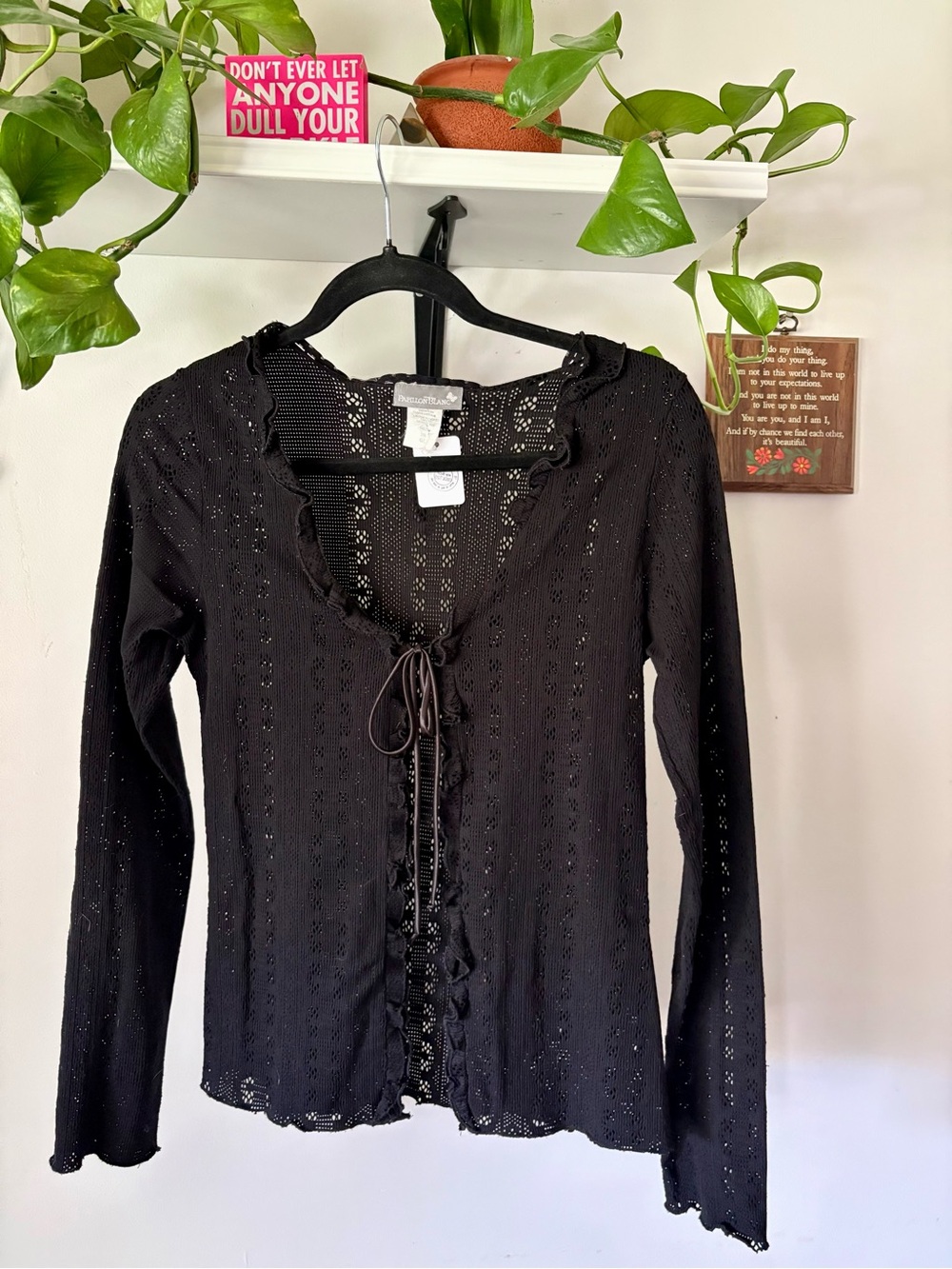 Papillon Blanc Black Eyelet Tie-Front Long Sleeve Top